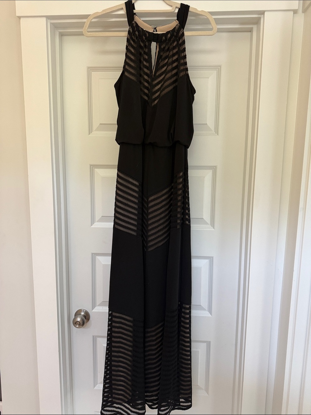 London Times Black Sheer-Striped Halter Maxi Dress